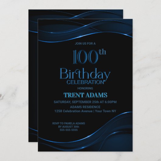 100誕生日ブラックブルーパーティー 招待状 (正面/裏面)