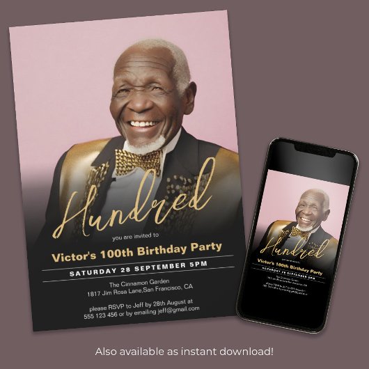 100誕生日ブラック金ゴールドミニマル写モダン真 招待状
