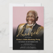 100誕生日ブラック金ゴールドミニマル写モダン真 招待状 (正面)