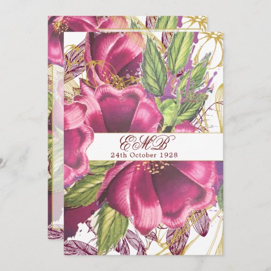 100誕生日ブルゴーニュ金ゴールドフローラシエレガントック 招待状 (正面/裏面)