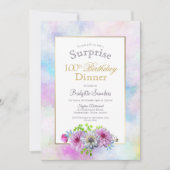 100誕生日ブルーピンクフローラサプライズディナー 招待状 (正面)