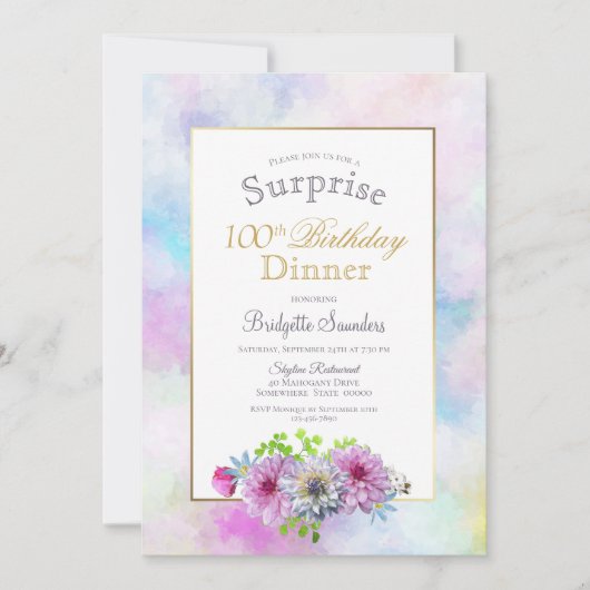 100誕生日ブルーピンクフローラサプライズディナー 招待状 (正面)