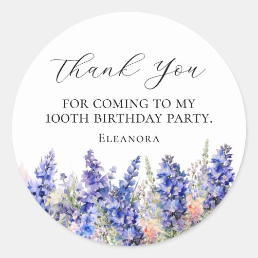 100誕生日ブルー7月誕生フラワーカスタムフラット ラウンドシール (正面)