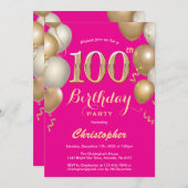 100誕生日ホットピンクと金ゴールドバルーン紙吹雪 招待状 (正面/裏面)