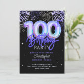 100誕生日メンズブルー花火箔バルーン 招待状 (スタンド正面)