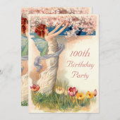 100誕生日ヴィンテージの花 招待状 (正面/裏面)