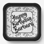 100誕生日乱数パターンブラック/ホワイト ペーパープレート (正面)