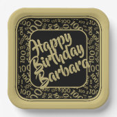100誕生日乱数パターンブラック/金ゴールド ペーパープレート (正面)