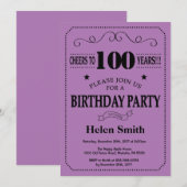 100誕生日招待状ブラック&パープル 招待状 (正面/裏面)