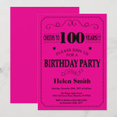 100誕生日招待状ブラック&ホットピンク 招待状 (正面/裏面)