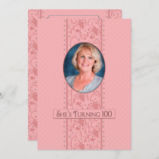 100誕生日招待状、ピンクフェミニン&写真 招待状 (正面/裏面)