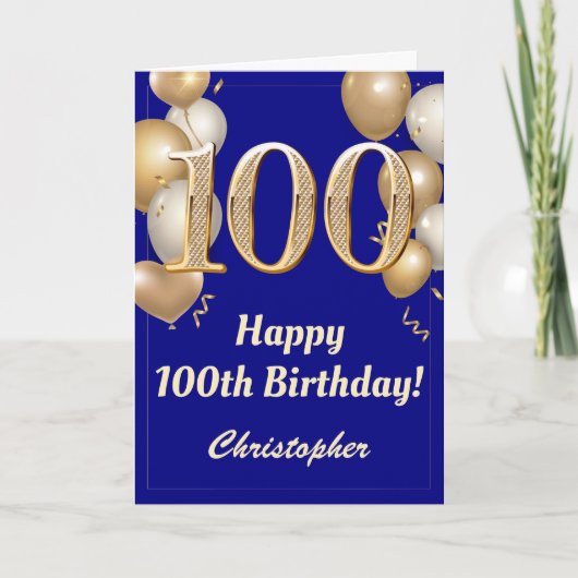 100誕生日海軍ブルー金ゴールドバルーン紙吹雪 カード (正面)