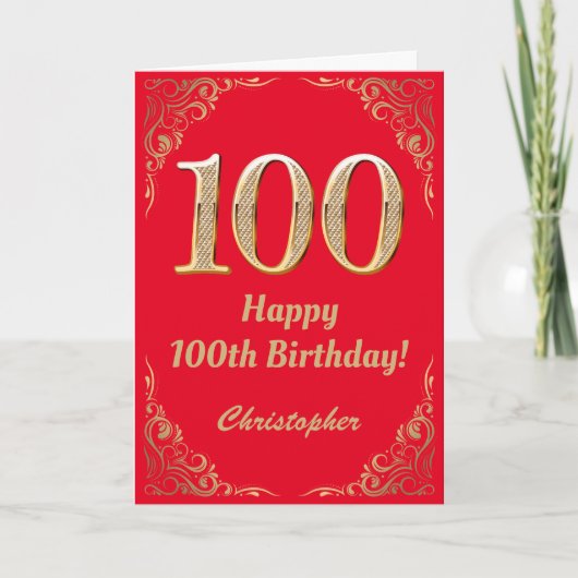 100誕生日赤と金ゴールドグリッター枠 カード (正面)