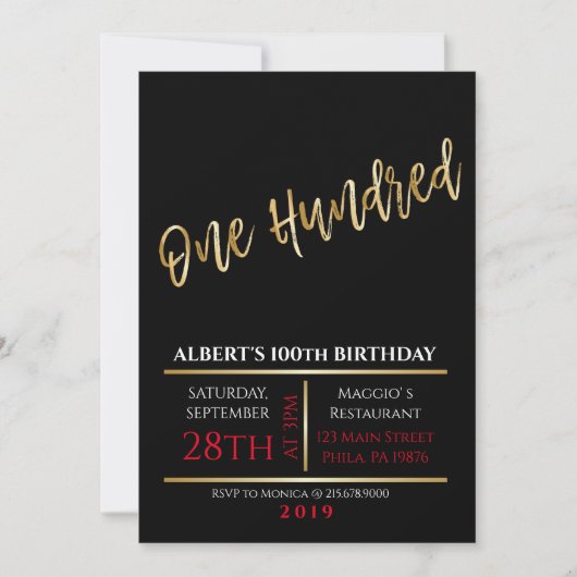 100誕生日金ゴールドブラックパーティの招待状 招待状 (正面)
