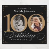 100誕生日金ゴールドブラック書道カスタム写真 スパークリングワインラベル (シングルラベル)