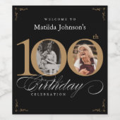 100誕生日金ゴールドブラック書道カスタム写真 ワインラベル (シングルラベル)