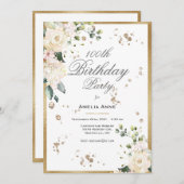 100誕生日金ゴールド水彩フローラ 招待状 (正面/裏面)
