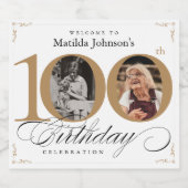 100誕生日金ゴールド白書道写真カスタム写真 スパークリングワインラベル (シングルラベル)