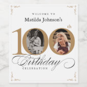 100誕生日金ゴールド白書道写真カスタム写真 ワインラベル (シングルラベル)