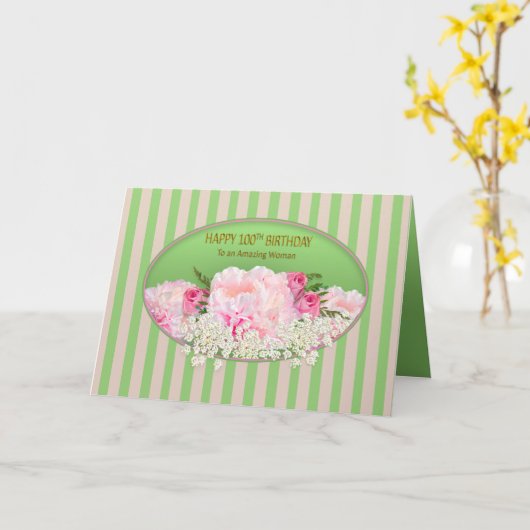 100誕生日、フェミニンピンク牡丹、花 カード (黄色い花)