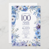 100誕生日、紫と青のフローラ、マイルストーン 招待状 (正面/裏面)