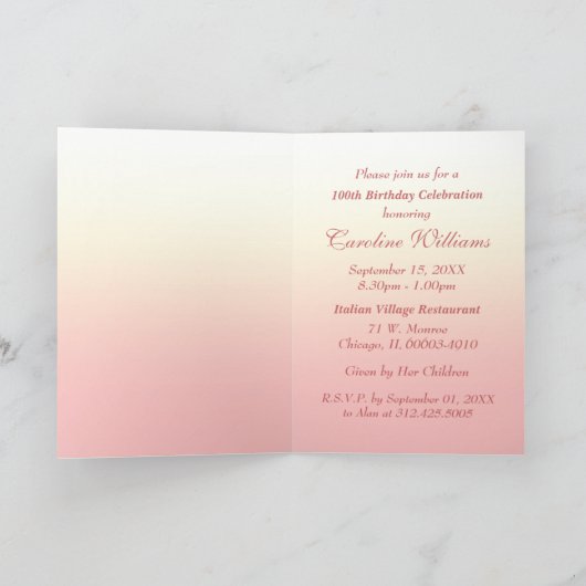 100誕生祝いピンクローゼス招待状 招待状 (内部)