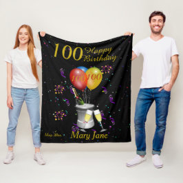 100誕生祝いブラック金ゴールド フリースブランケット
