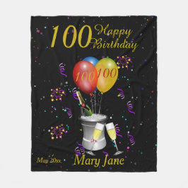 100誕生祝いブラック金ゴールド フリースブランケット