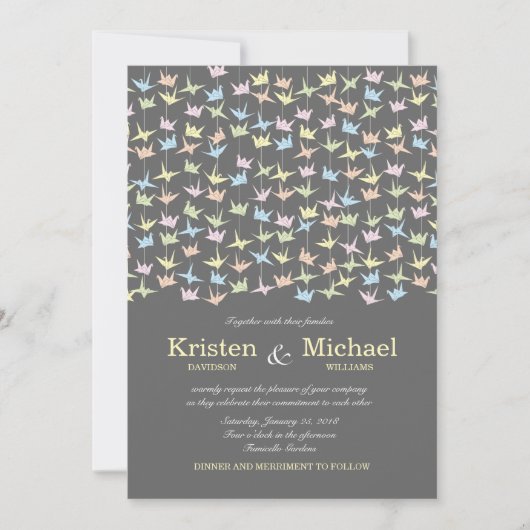 1000のぶら下がった折り紙紙ク結婚レーン(灰色) 招待状 (正面)