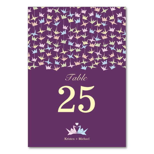 1000年ぶら下がったの折り紙紙結婚鶴（紫） テーブルナンバー (正面)