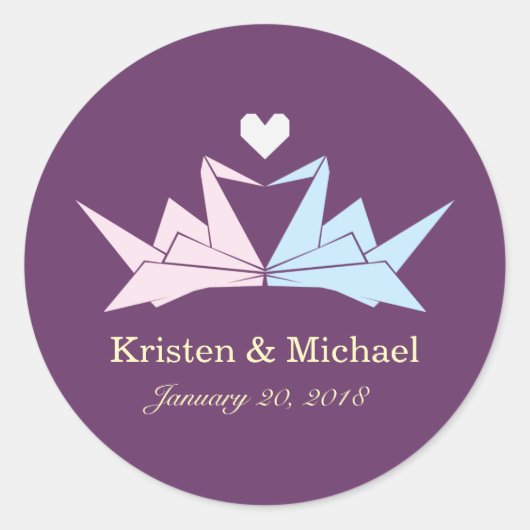 1000年ぶら下がったの折り紙紙結婚鶴(紫) ラウンドシール (正面)