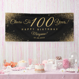 100 エレガント誕生日パーティブラック金ゴールド名スクリプト 横断幕