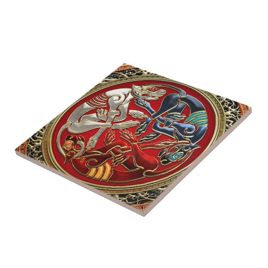 [100]ケルト族の宝物-金ゴールドの3匹の犬 タイル (側面)