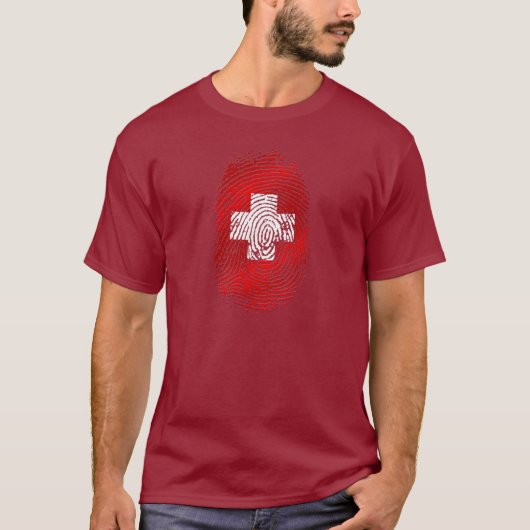 100%スイスDNAの指紋のスイス連邦共和国の旗のギフト Tシャツ (正面)