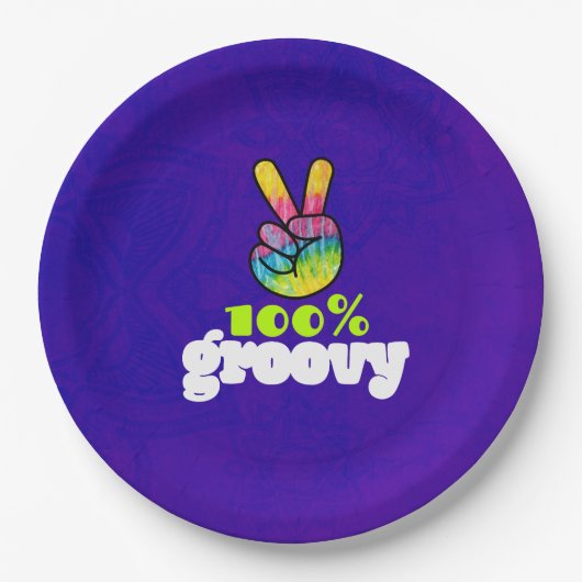 100%レインボーハンドピースサイン付きGroovy ペーパープレート (正面)