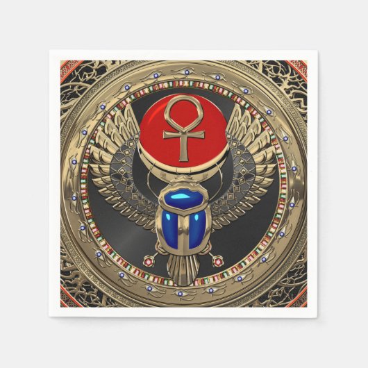 [100]聖なる金ゴールドエジプトの翼を持つスカラブとアンク スタンダードカクテルナプキン (正面)