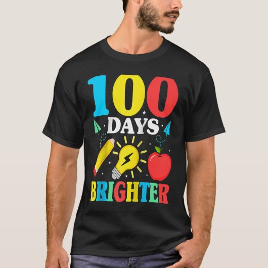 100 Days Brighter Happy 100 Days Of School Teacher Tシャツ (正面)