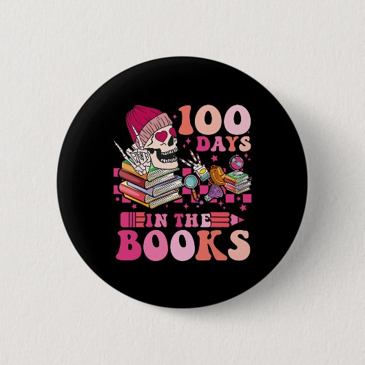 100 Days In The Books Reading Teacher Skeleton Val 缶バッジ (正面)