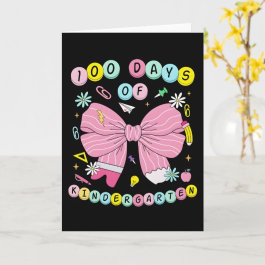 100 Days of Kindergarten Cute Pink Bow  カード (黄色い花)