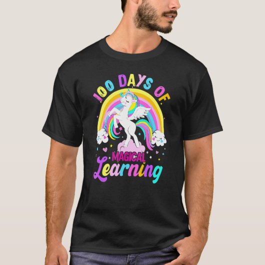 100 Days Of Magical Learning Unicorn Rainbow Stude Tシャツ (正面)