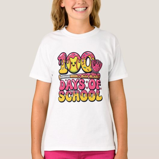 100 Days of School Baseball Donut Girls Softball Tシャツ (正面)