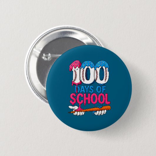 100 Days Of School Baseball Drip Bat 100th Day Of  缶バッジ (正面&裏面)