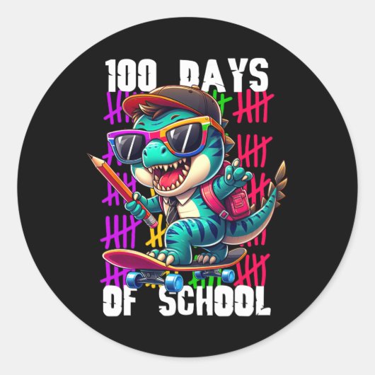 100 Days Of School Cool Dinosaur Skateboarding  ラウンドシール (正面)