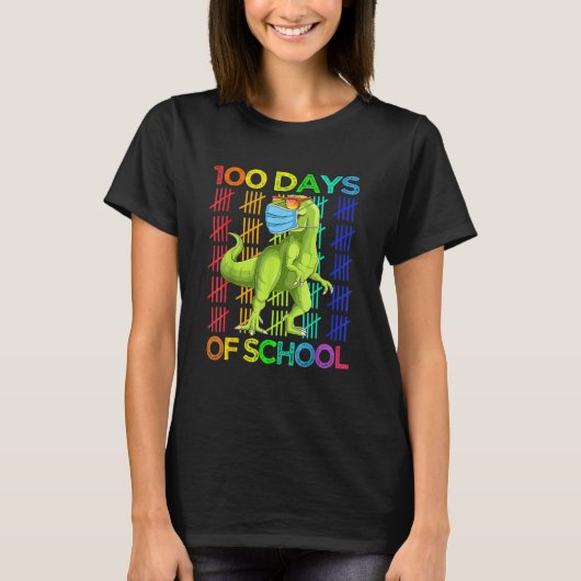 100 Days Of School Dinosaur Rex Wearing Mask Smart Tシャツ (正面)
