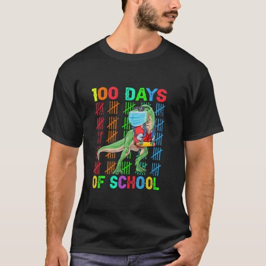 100 Days Of School Dinosaur Rex Wearing Mask Smart Tシャツ (正面)