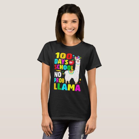 100 Days Of School No Problem Llama Girl 100th Day Tシャツ (正面フル)