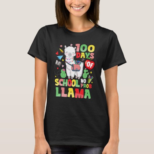 100 Days of School  No Probllama Cute Llama 100th  Tシャツ (正面)