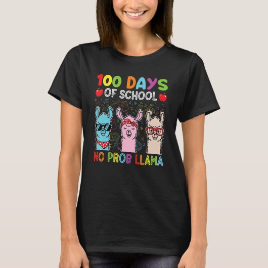 100 Days Of School No Probllama Llama Happy 100th  Tシャツ (正面)