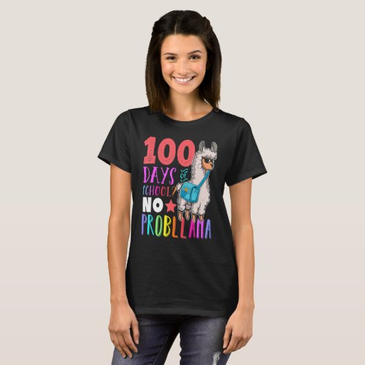 100 Days Of School No Probllama Llama Happy 100th  Tシャツ (正面フル)