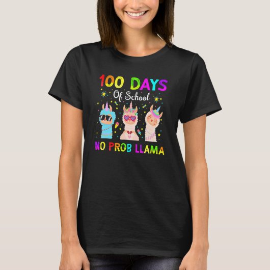100 Days Of School No Probllama Llama Happy 100th  Tシャツ (正面)
